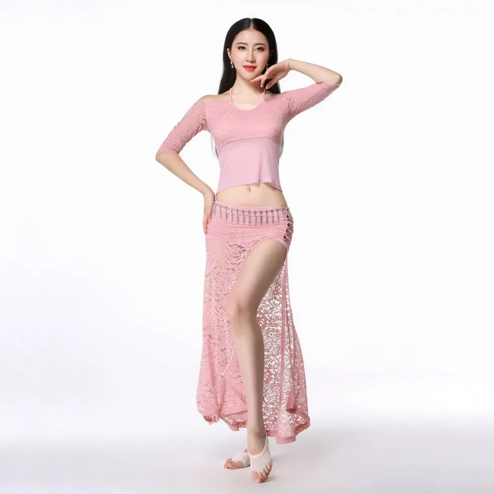 

Women Belly Dance Wear Floral high elasticity Lace 2 Pieces Set Half Sleeves Off Shoulder Halter top high slit trousers
