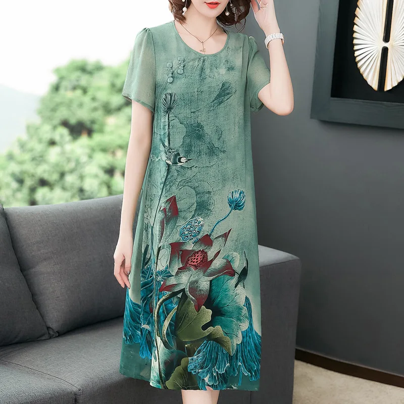 Most Buy rVj6Y Silk dress female summer new retro print Slim short sleeved dress large size L 5XL high quality elegant and comfortable vestidos Most Buy rVj6Y Silk dress female summer new retro print Slim short sleeved dress large size L 5XL high quality elegant and comfortable vestidos