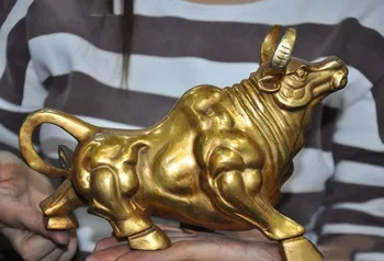 

wedding decoration 9"China Feng Shui bronze Gilt Lucky Wealth Ox Oxen Cow Cattle Bull Bovine Statue