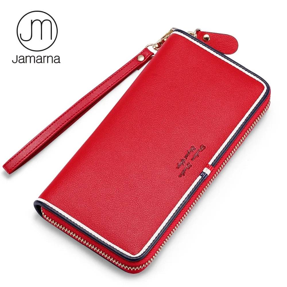 Goedkoop Jamarna Portemonnee Lederen Portemonnee Vrouwen Lange Rits Vrouwen Purse Classic Rood Wit En Blauw Lange Clutch Telefoon Portemonnee Vrouwelijke