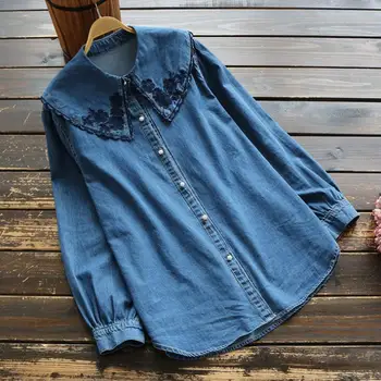 

Mori Girl Denim cotton Shirts Embroidery floral Plus size women clothing tops shirt