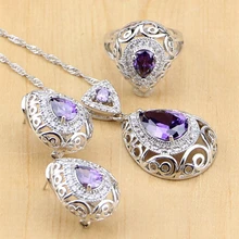 Серебряные свадебные 925 Ювелирные наборы Фиолетовый Белый Циркон CZ бусины украшения для женщин ювелирные изделия серьги/подвеска Цепочки и ожерелья/кольца