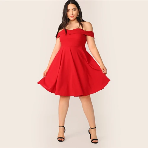 SHEIN, платье трапециевидной формы с открытыми плечами размера плюс,, женское летнее элегантное милое однотонное платье с высокой талией - Цвет: Красный