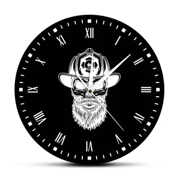 

Firefighter Hipster Beard Skull Wall Clock Fire Dept.Wall Decor Retro Gentleman Skull Head With Roman Numberals Firemen's Gift