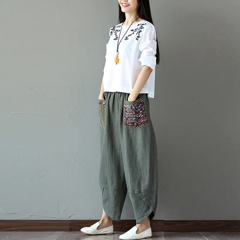 Wide Leg Harem Pants Trousers 2020 Chinese Style Women Ethnic Vintage Patchwork Elastic Waist  Loose Long Yoga Pants