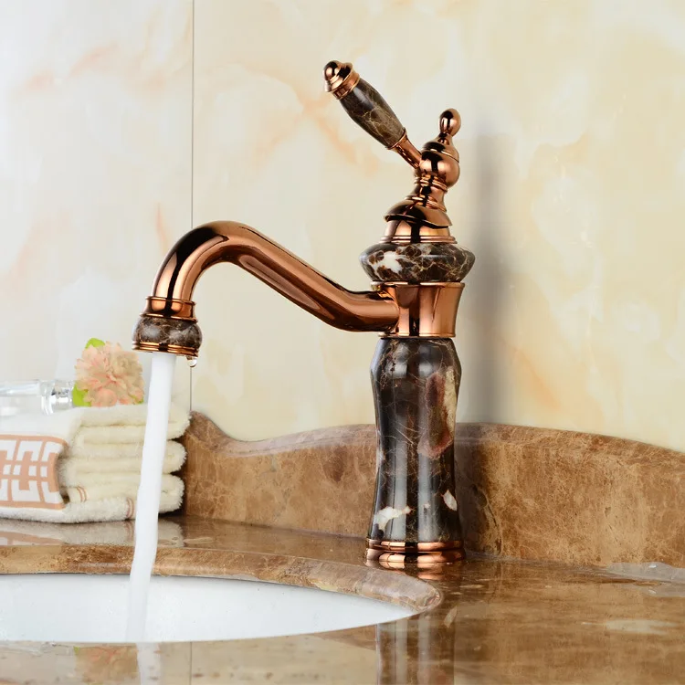 

Free shipping Fashion gold stone mixer tap with solid brass bathroom golden faucet for European jade stone gold basin sink tap