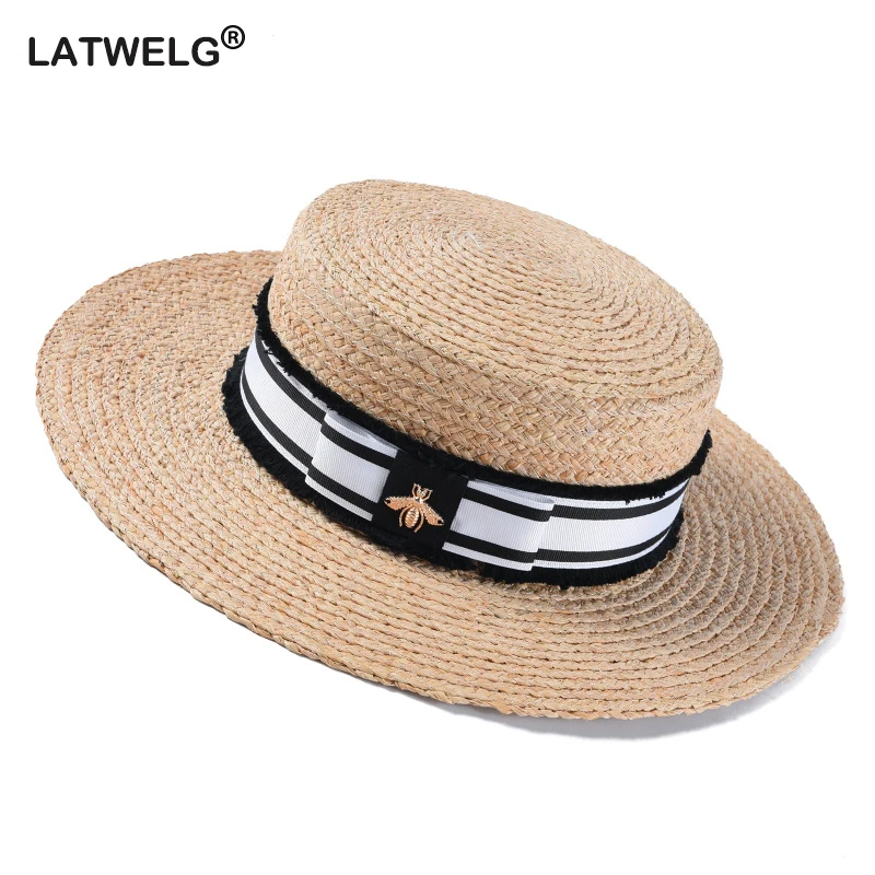 

2019 Fashion Bee Summer Sun Hat For Women Natural Raffia Crochet Straw Hat With Ribbon Flat Panama Hat Summer Travel Beach Hats
