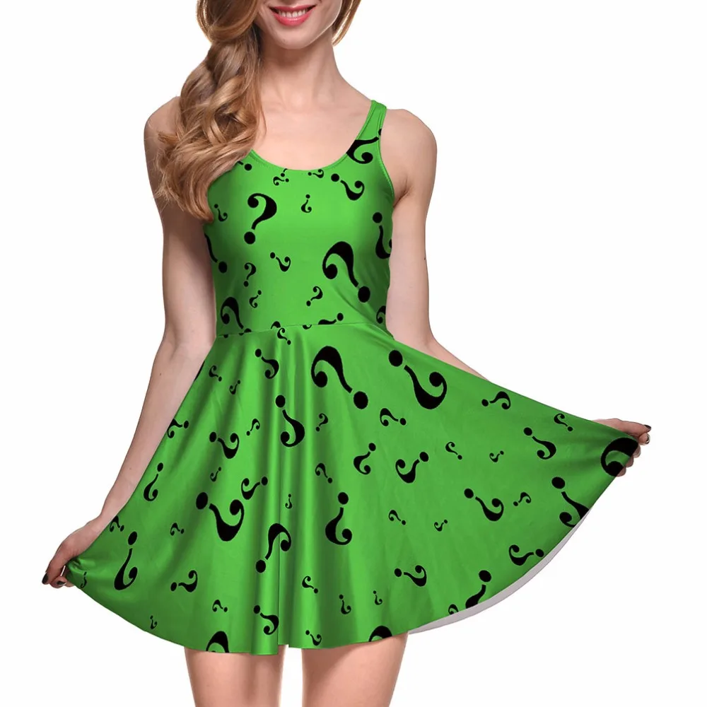 

Drop Ship Fashion Women Digital Printing THE RIDDLER REVERSIBLE SKATER DRESS Vestidos Roupas Femininas Saias