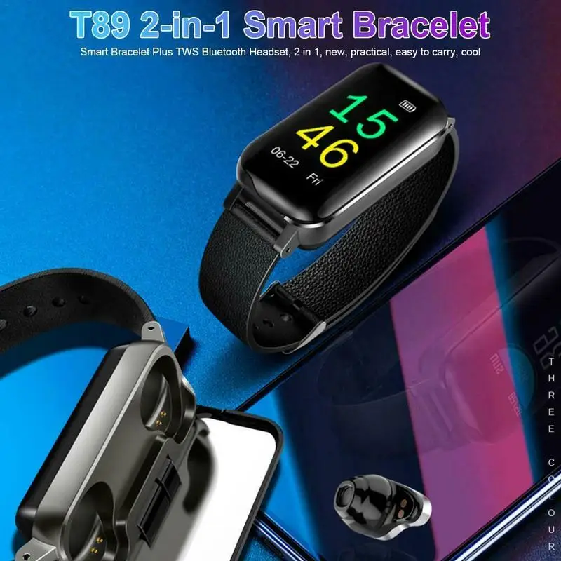 Умные Bluetooth наушники T89 TWS бинауральные фитнес браслет монитор сердечного ритма