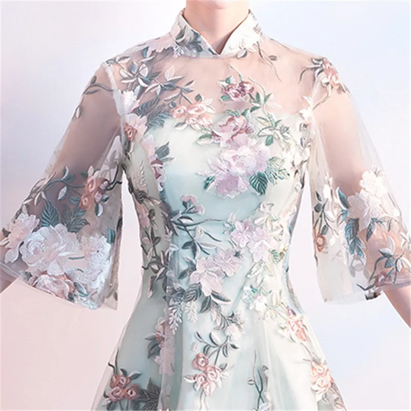 It's YiiYa Luxury Light Green Half Sleeve Floral Print Lace Cocktail Dress Knee-Length Formal Dress Party Gown MX022