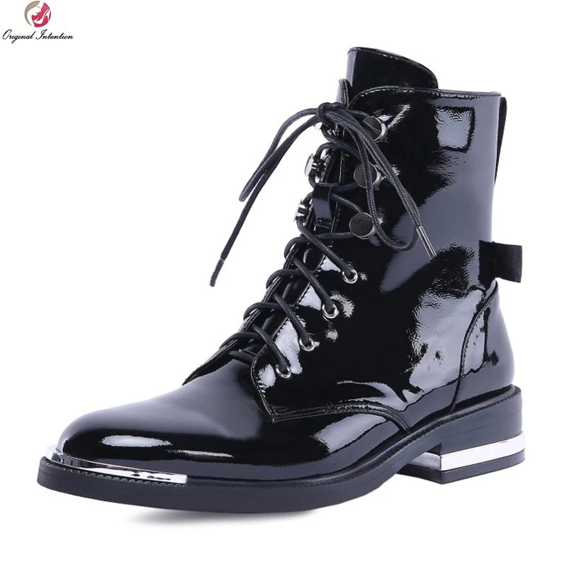 

Original Intention Quality Women Boots Genuine Leather Round Toe Square Heels Boots Fashion Black Shoes Woman Plus US Size 4-10