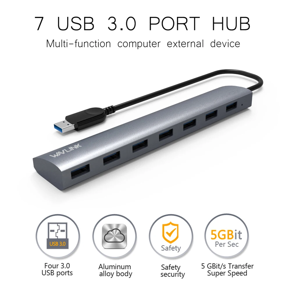 

EU Plug 7 Ports Usb 3.0 Hub Gen1 Portable Aluminum Alloy USB Hub with Us Adapter Multi-Function Docking Hub