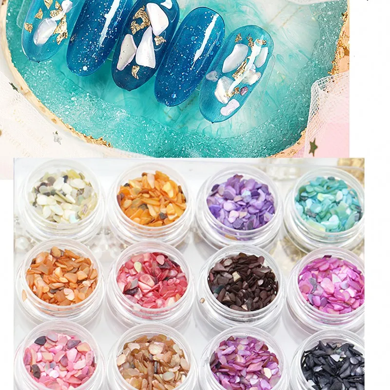 

1set/lot 12 Boxes 3D Nail Seashell Stones Nail Art Tip Irregular Rhinestone Decorations Sea Shell Stone Set For Charms Tips PB13
