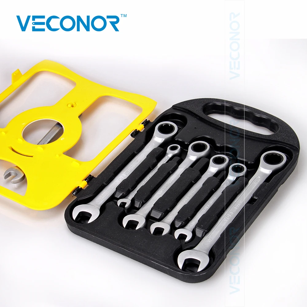 8-19mm 7PCS Ratchet Wrench Set of Keys Tools Combination Spanner Dull Polish CRV Steel High Torque With Inserted-designed Case