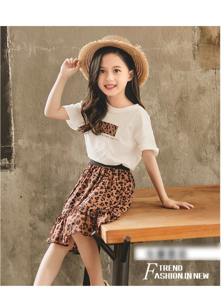 Girls Clothes Set Summer White Shirt with Leopard Cake Skirt 2 Pieces Sets Little Kids Casula Cotton Clothing Suit