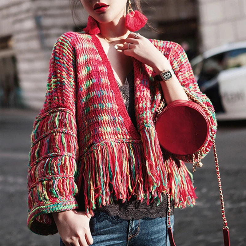 

2019 Autumn Winter Cardigans Sweater Coats Knitted Rainbow Tassel Cardigan Women Long Sleeve Loose Warm Sweater Outwear Female
