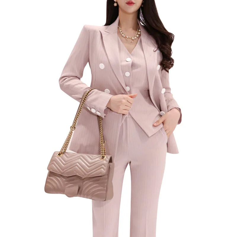 2019 Office Ladies Suits Striped 3 Pieces Women Suits Double Breasted Slim Blazer Patchwork Tops High Waist Pant Suits For Women