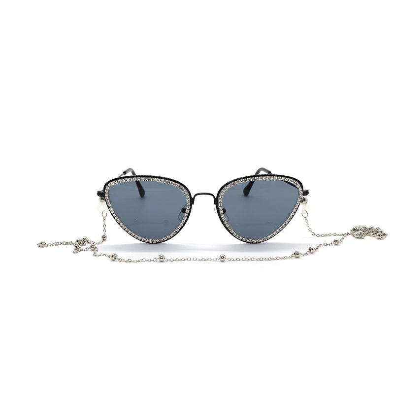 Cat Eye Metal Frame Sunglasses Rhinestone Chain Vintage Mirrored Women Fashion Metal Frame Flat Lens Cat-Eye Sunglasses