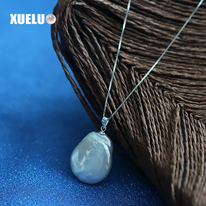 

XUELUO Supper Large Coin Baroque Fresh Water Pearl Necklace 925 Sterling Silver Natural Pearl Pendant Necklace