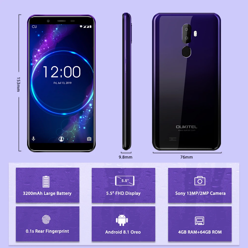 Oukitel U25 Pro 5 &quot2.5d Incell дисплей 13mp + 2mp/5mp Android 8 1 мобильный телефон Mt6750t Восьмиядерный 4g