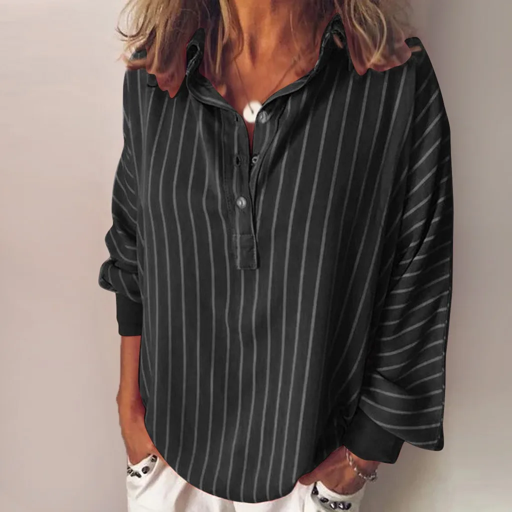 

Plus Size Fashion Woman's Loose Casual Striped Button Lapel Long Sleeve Shirt Top Fashion Casual Female Harajuku T-shirt
