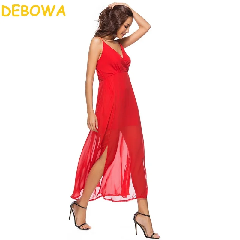 Debowa 2018 Новое летнее платье Для женщин красное шифоновое Разделение Sexy Глубокий v