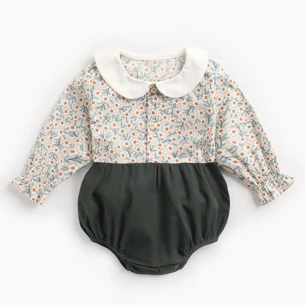 Детский комбинезон с длинными рукавами, осенне-зимняя одежда для малышей, комбинезон для малышей с цветочным рисунком, однобортный хлопковый комбинезон для новорожденных - Цвет: BRW9109-GN