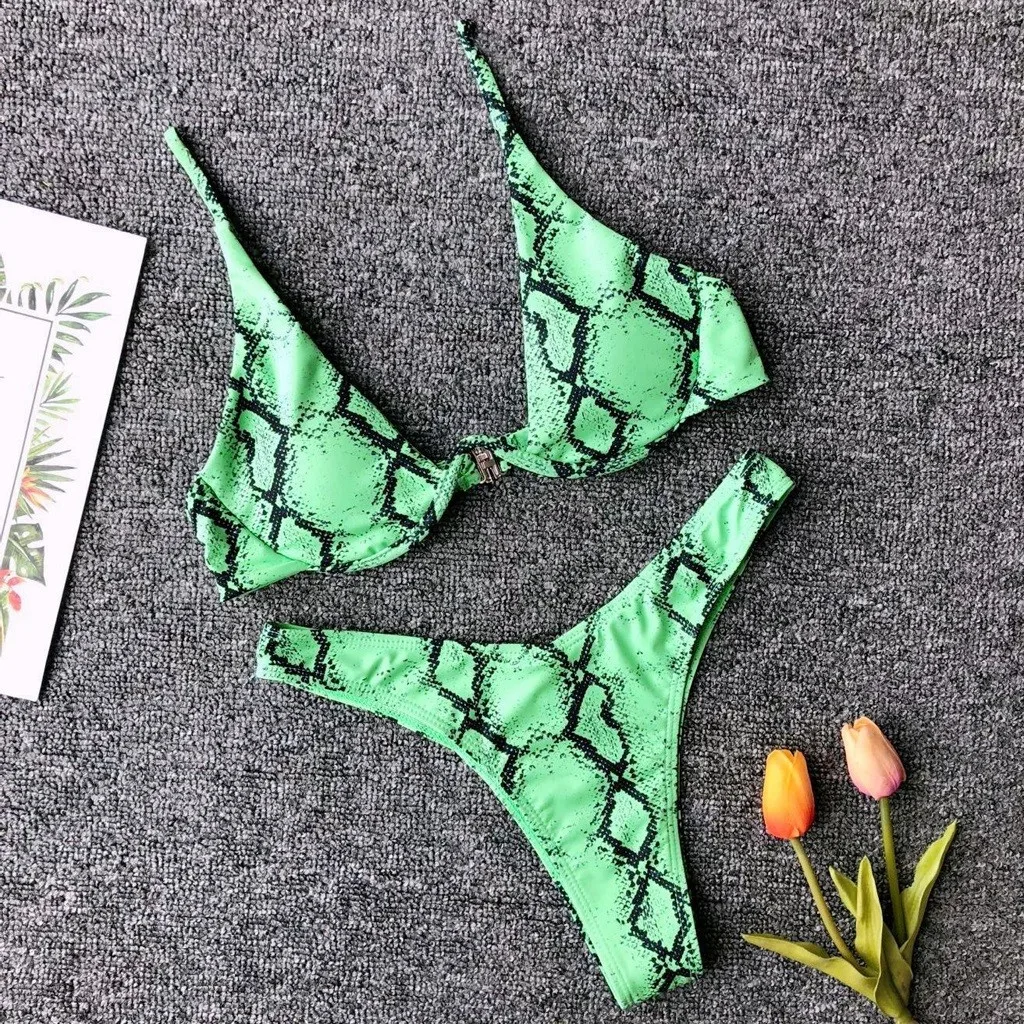 Женский змеиный принт красный стальной проп пуш ап микро стринги высокая талия