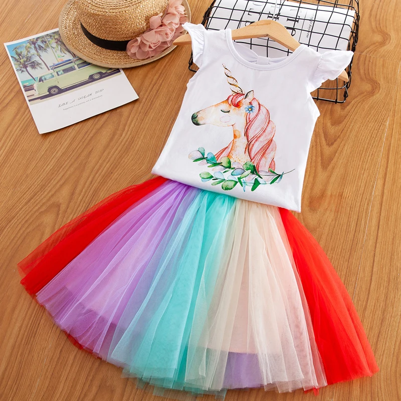

3 4 5 6 7 8 Years Summer Unicorn Dress for Girls Outfits Shorts + Skirt Kids Princess Unicorn Party Ball Gown Children Clothing