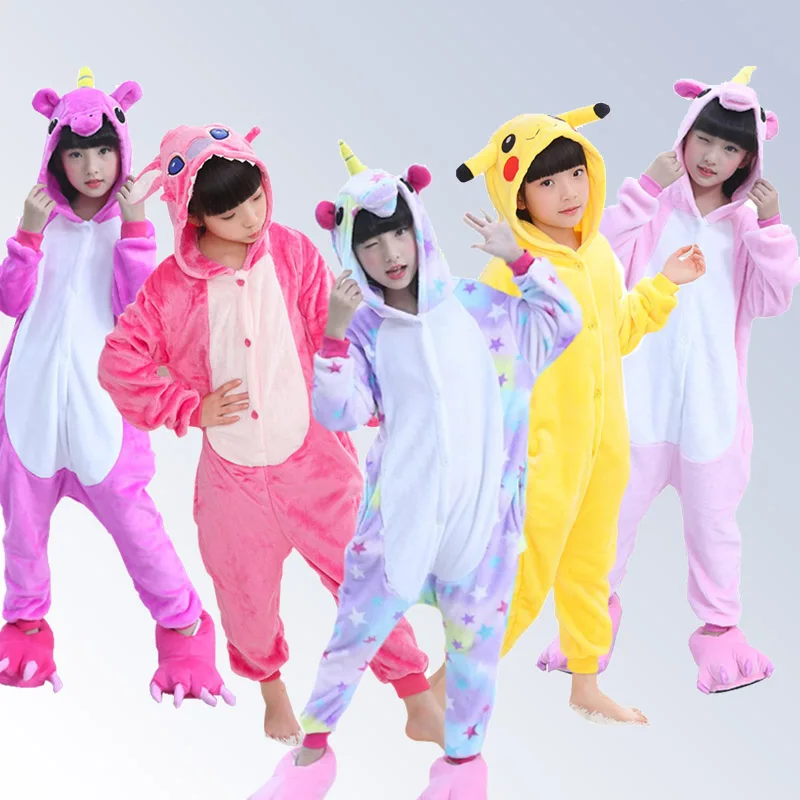 

Flannel Children Pajamas Set Winter Hooded Animal Unicorn Pikachu Stitch Kids Pajamas For Boys Girls Sleepwear Onesies 4 6 8 10Y