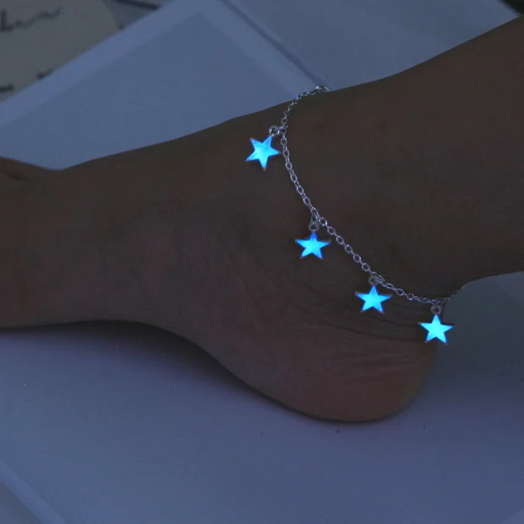 

Luminous lady beach wind blue five pentagon star tassel ankle chain luminous star ankle chain wholesale