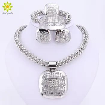 

Dubai Silver Plated Fine African Beads Jewelry Sets Nigerian Wedding Accessories Bridal Collar Costume Earrings Necklace Set