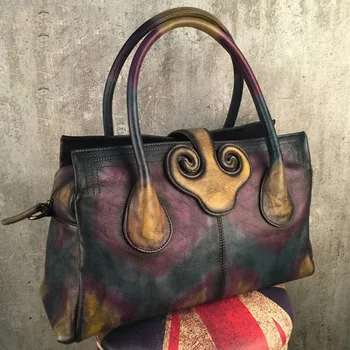

New Large Women's Nature Cow Leather Genuine Cowhide Designer Vintage Handmade Panelled Satchel Travel Handbag Female Totes