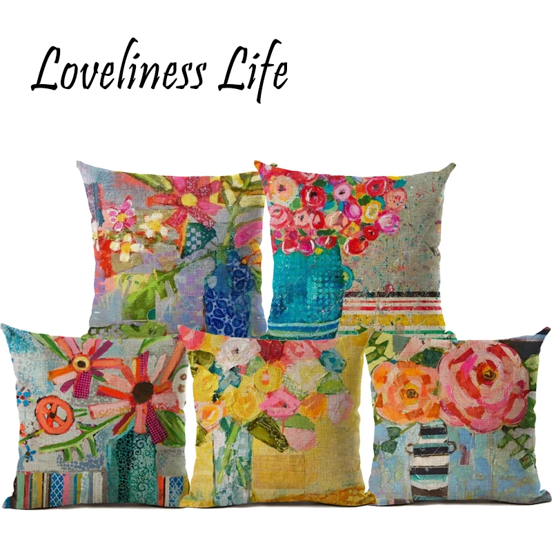 Retro Oil Painting Design Floral Printed Cushion Cover Flower Pillow Case Cotton Linen Home Decorative Throw Almofadas | Дом и сад