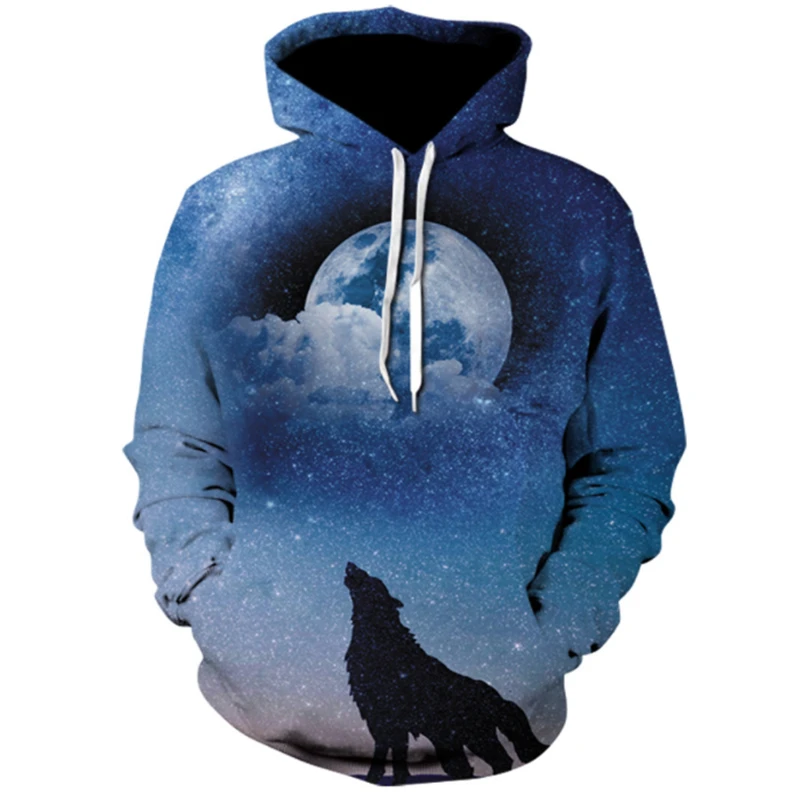 

2019 autumn and winter new men's fashion casual travel thin section long-sleeved hoodie moon and angry wolf 3D printing S-5XL