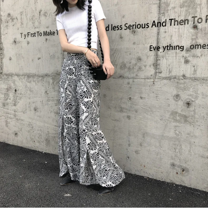 Женский новый Boho Широкие брюки эластичные брюки с высокой посадкой Талия разрез Этнический стиль Печатные Брюки Путешествия свободные
