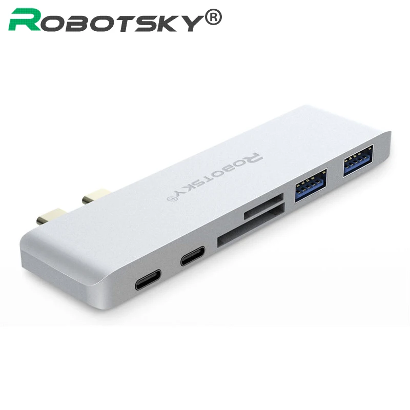

Robotsky 6 in 1 USB Type C Hub Dual USB-C Male to 2 USB C Female 2 USB3.0 Ports with SD/TF Converter Adapter for Macbook