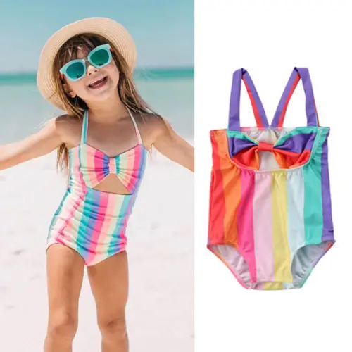 

Cute Kid Baby Girl Stripe Rainbow Swimsuit Swimwear Bathing Suit Beachwear Bow 2018 Summer Clothes 6M-2T