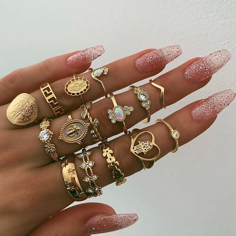 

13 Pcs/Set Boho Geometry Crystal Gem Round Gold Joint Ring Set Women New Virgin Mary Cross Star Leaves Personality Party Jewelry