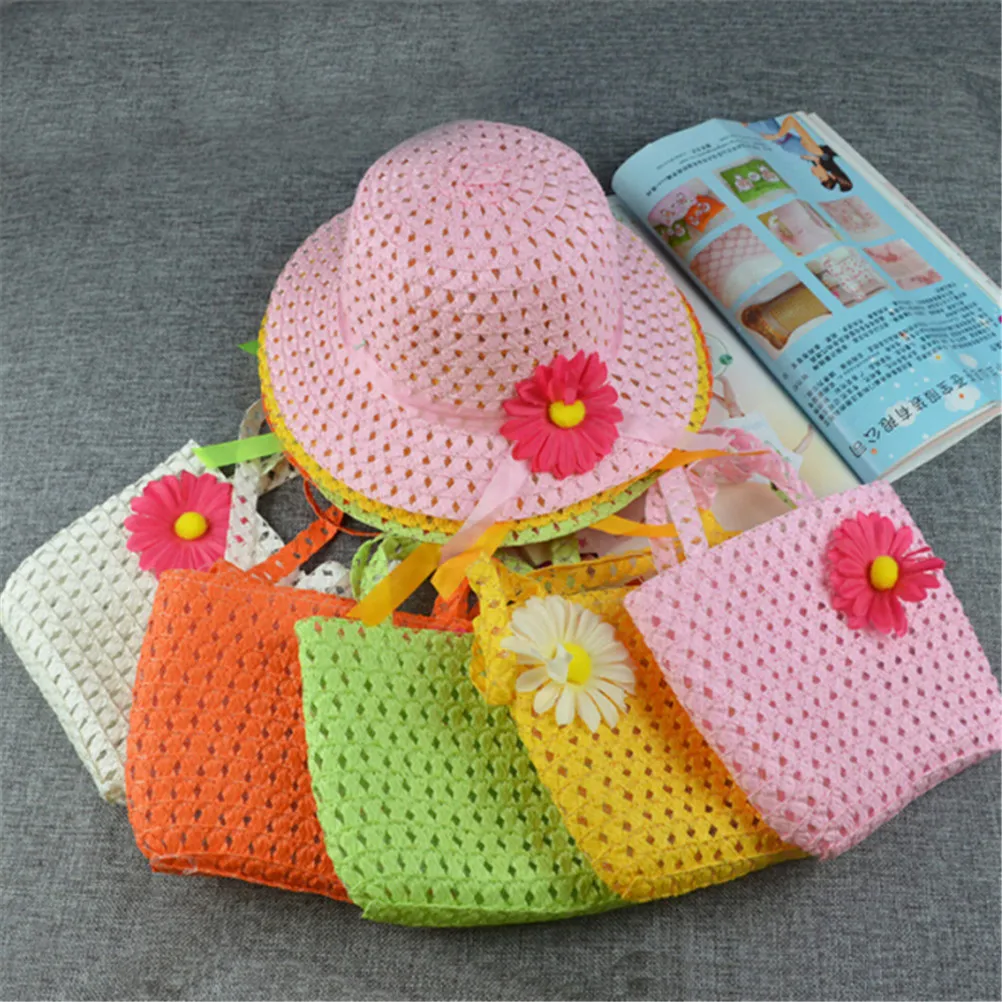 Girls Beach Hats and Bags Flower Straw Hat Tote Handbag Bag Suit