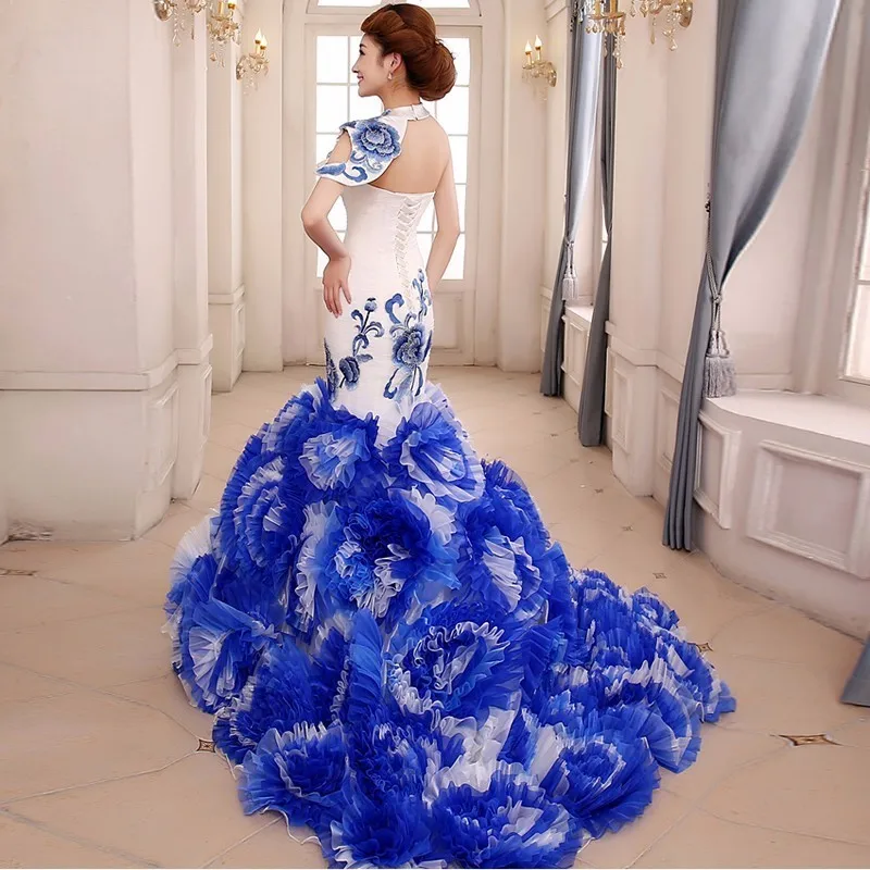 Элегантное синее фарфоровое китайское сексуальное традиционное Восточное вечернее платье для женщин для свадебной вечеринки с открытой спиной Cheongsam