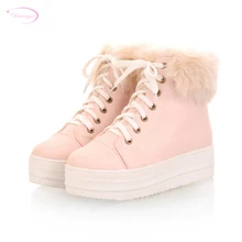 Chainingyee/милые зимние теплые плюшевые ботильоны зимние ботинки на среднем каблуке, с круглым носком, на шнуровке спереди женские ботинки размеры 34-43 CN