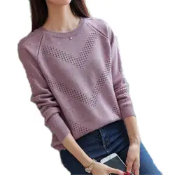 Модные осень-зима Для женщин короткий свитер трикотажные пуловеры 2018 с длинным рукавом выдалбливают вязаный свитер женский о-образным