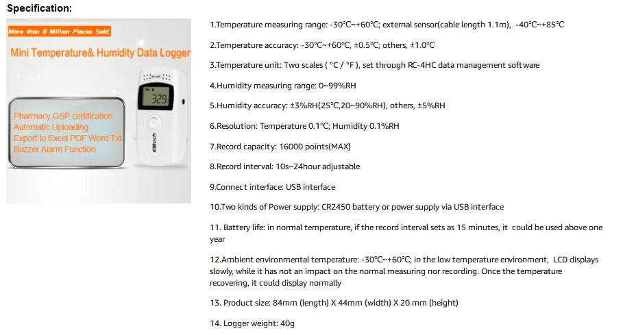 Elitech RC-4HC USB регистратор данных температуры и влажности 16000 точек запись емкость-2 года гарантия качества