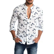 Oeak camisa hawaiana de manga larga de ganso salvaje estampado Botón de lino Camisas de verano para Hombre Camisas Casual Slim Fit Blusa nueva