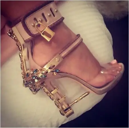 

Big Size Hot Selling Gorgeous Crystal Embellished Sandals Noble Padlock Strange Heel Ankle Wrap Shoes Summer Gladiator Pumps