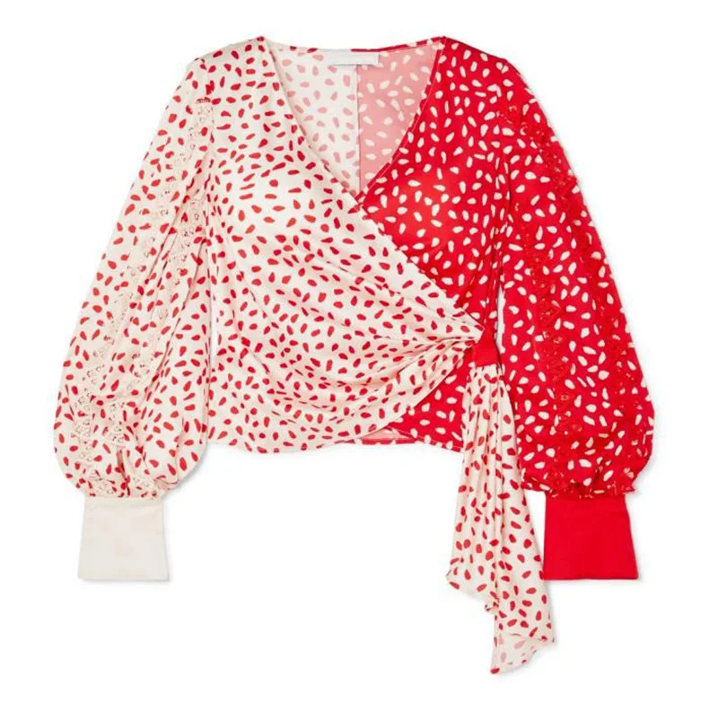 Flower Print Shirt Women Patchwork Lantern Sleeve Hollow Out Stand Collar Irregular Blouse Female Spring Fashion Sweet Clothing |