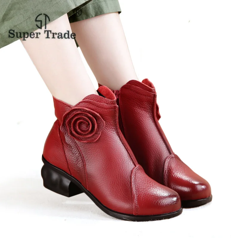 

ST SUPER TRADE Ethnic Style Martin Boots Genuine Leather Ankle Boots Woman Casual Shoes Handmade Boots For Women