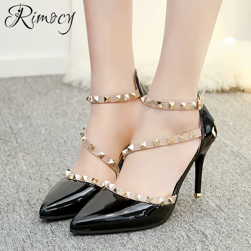 

Rimocy 2019 spring fashion rivet punk style stiletto high heels pumps femme pointed toe shoes woman elegant thin heels sandals