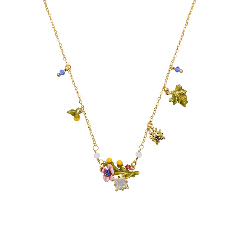 

Chic Enamel Leaf Insect Charm Female Flower Necklace Trendy Gold Color Chain Summer Bijoux Necklace